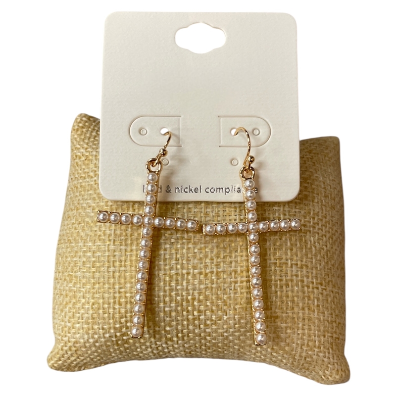 VE4568 GOLD PEARL BEADED THIN LONG CROSS EARRINGS