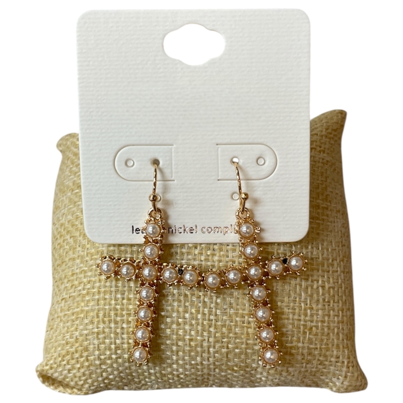 VE4570 GOLD PEARL BEADED SMALL CROSS EARRINGS