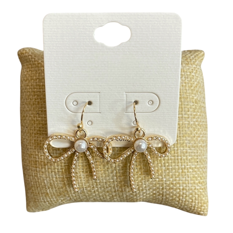 VE4755 GOLD SMALL PEARL BOW DANGLE EARRINGS