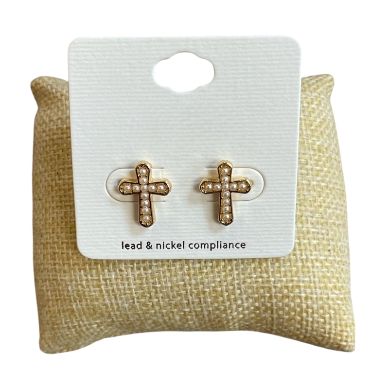 VE4763 PEARL BEADED PETITE CROSS STUD EARRINGS