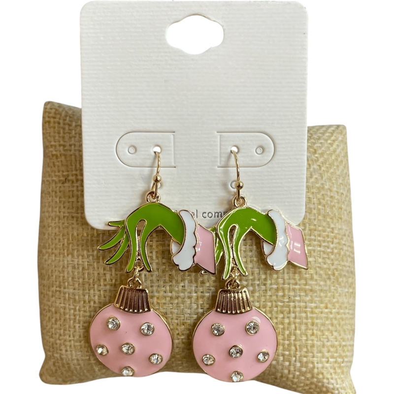 VE4918 PINK HANGING ORNAMENT GRINCH HAND DANGLE EARRINGS
