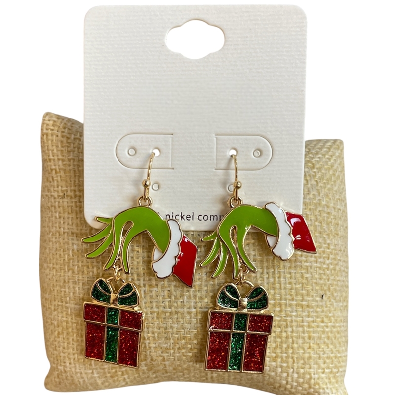 VE4970 CHRISTMAS GIFT BOX GRINCH HAND DANGLE EARRINGS