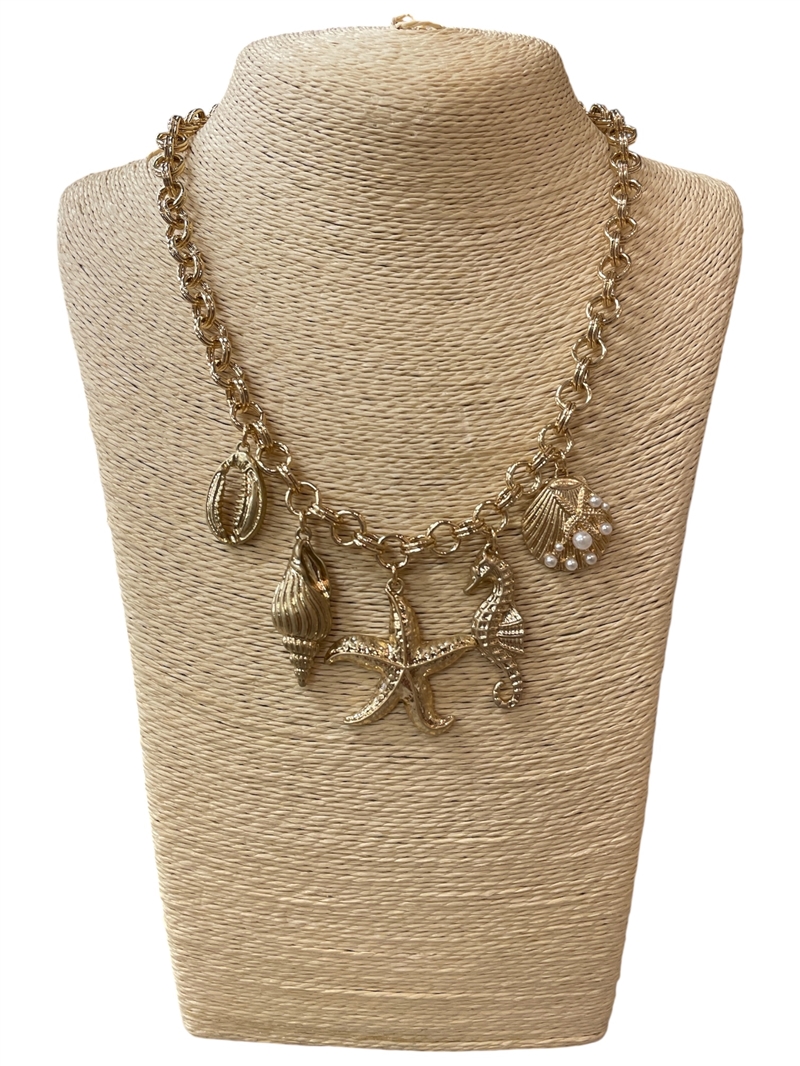 VN1053 HAMMERED SEA-LIFE MULTI CHARMS NECKLACE