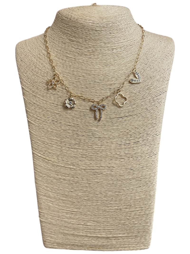 VN1094 BOW MULTI CHARM SHORT GOLD NECKLACE