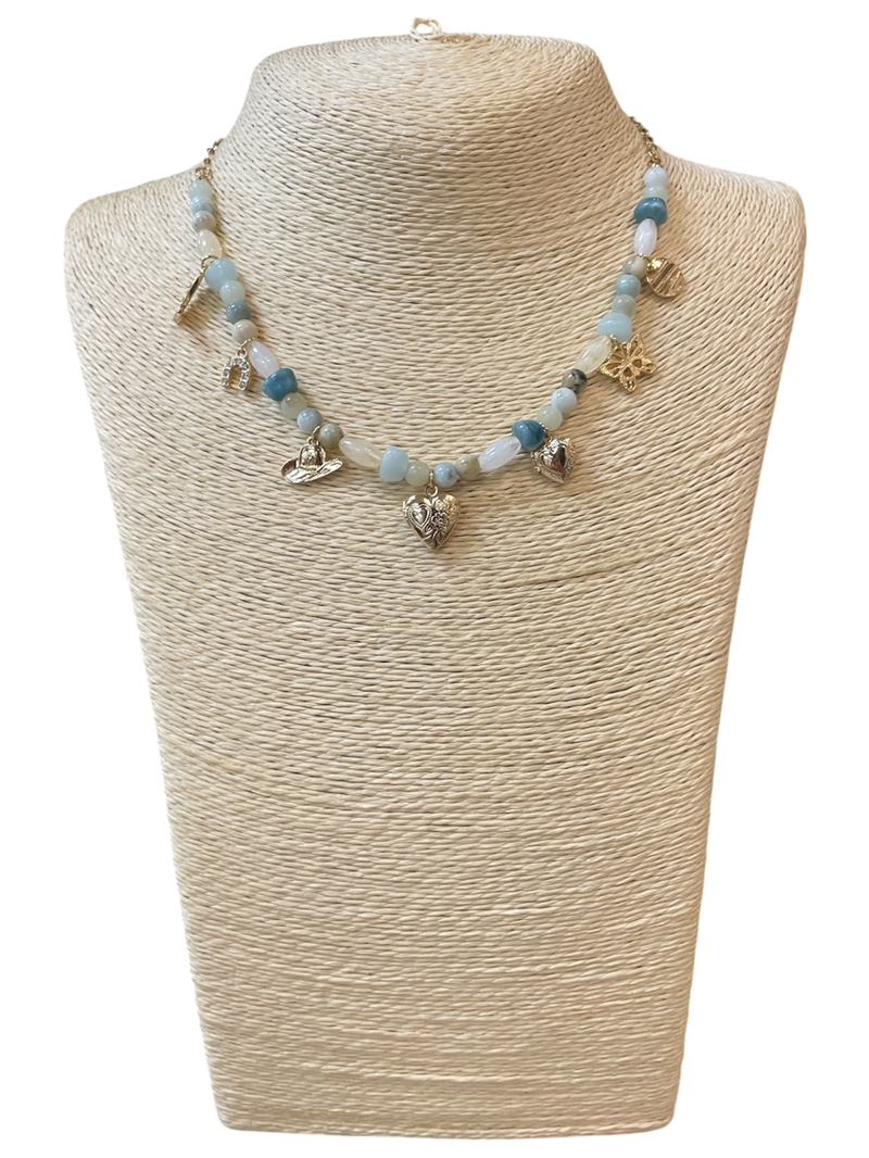 VN1123 AQUA MULTI CHARM WESTERN SHORT NECKLACE