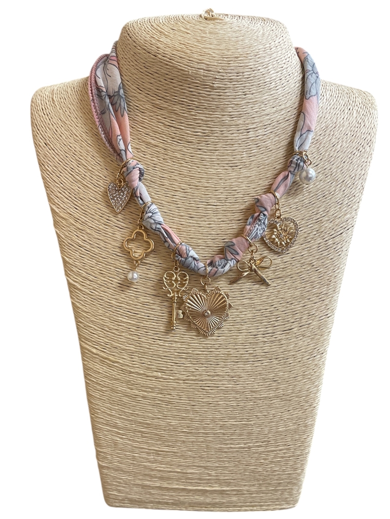 VN1257  HEART & CHARMS PINK  SCARF NECKLACE