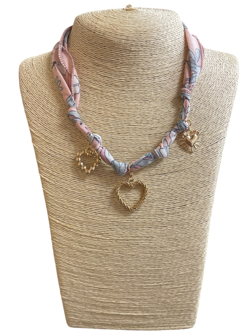 VN1258  HEARTS PINK  SCARF NECKLACE