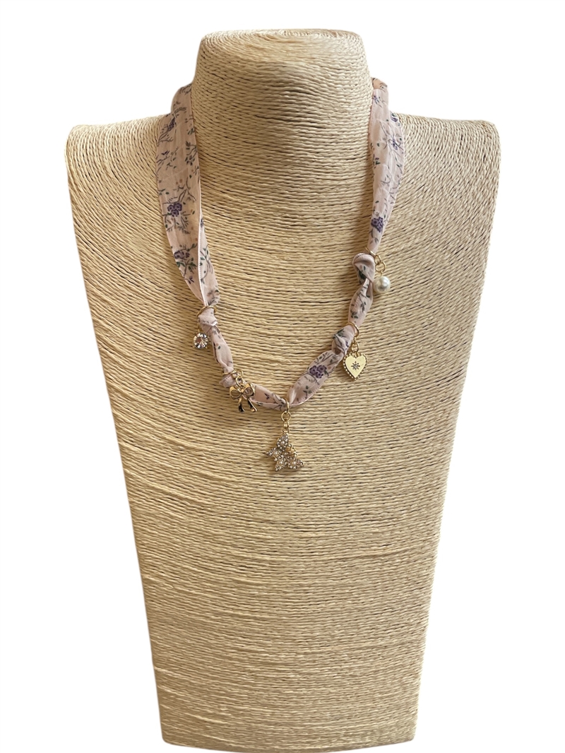 VN1275  BUTTERFLY CHARMS PINK  FLORAL SCARF NECKLACE