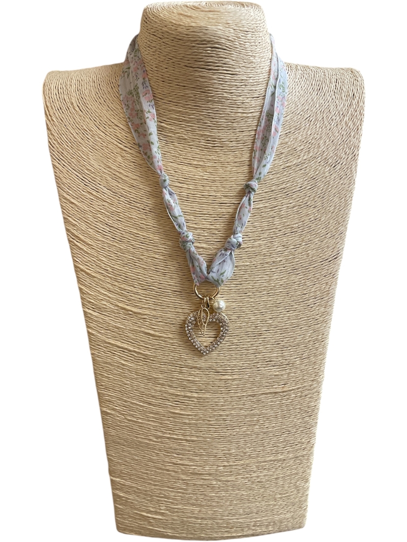 VN1293  RHINESTONE HEART BLUE FLORAL  SCARF NECKLACE