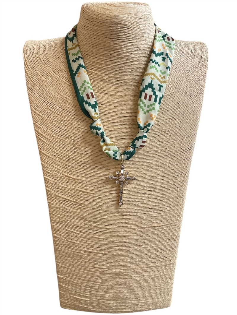 VN1296  RHINESTONE CROSS GREEN SCARF NECKLACE