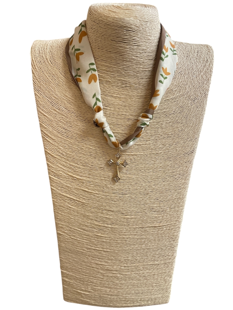 VN1299 GOLD CROSS FLORAL SCARF NECKLACE
