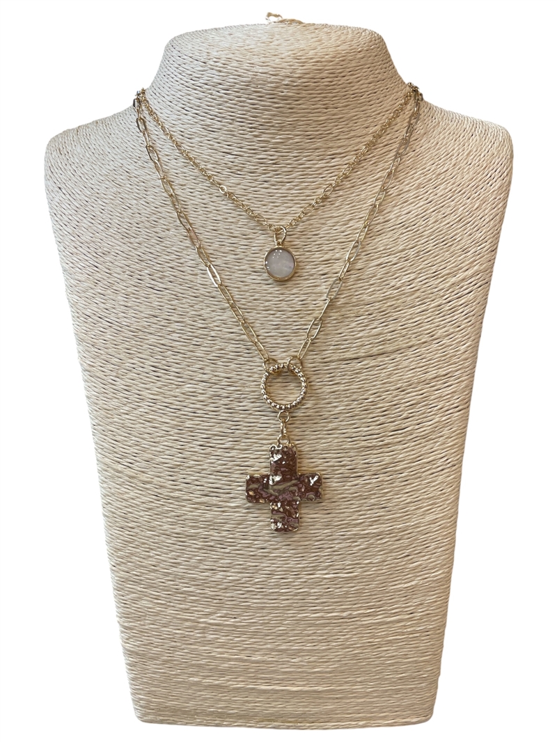 VN1377 HAMMERED GOLD CROSS LAYERED NECKLACE