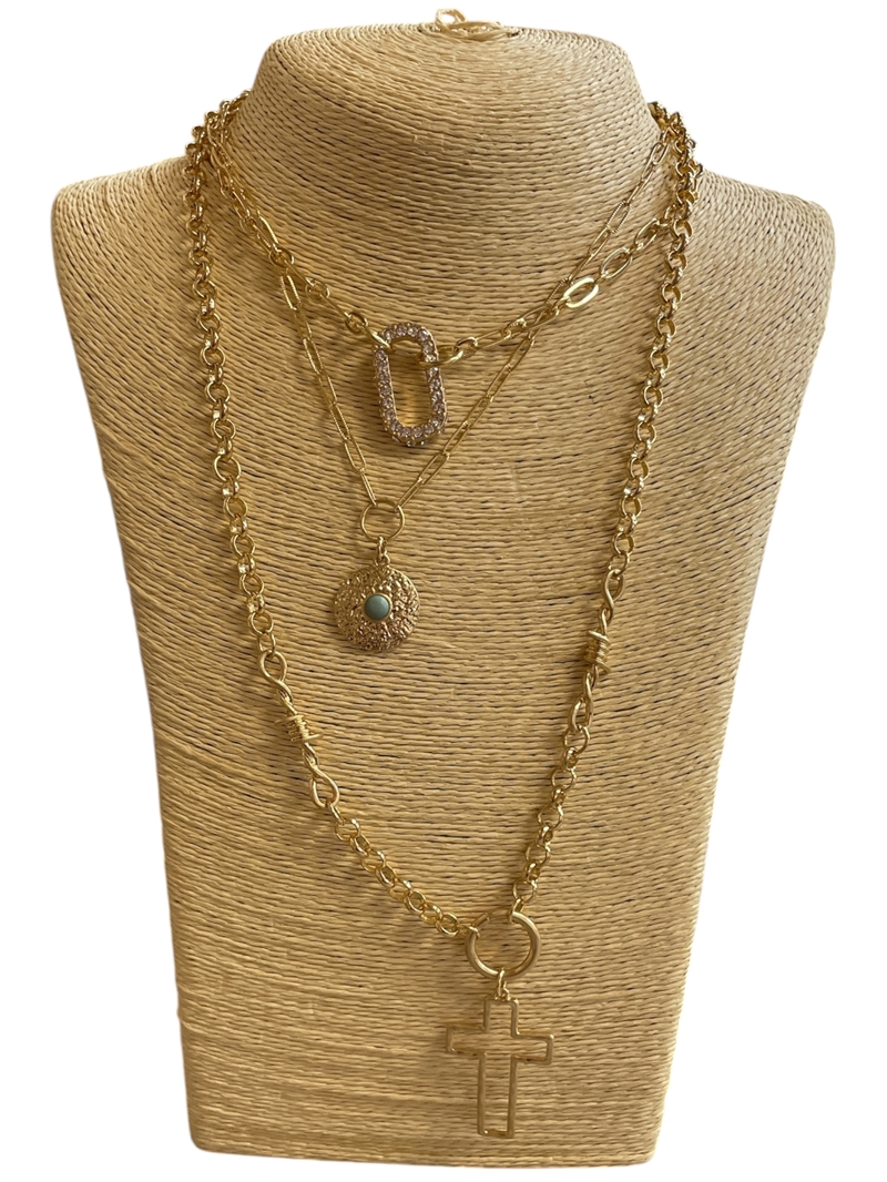 VN1380 MATTE GOLD HAMMERED CROSS LAYERED LONG NECKLACE