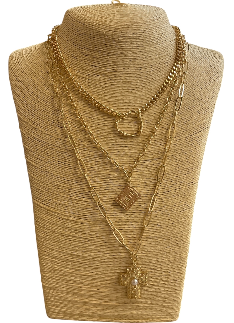 VN1383 MATTE GOLD CROSS MULTI LAYERED LONG NECKLACE