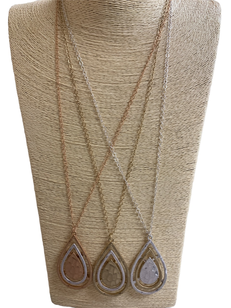 VNE0794  HAMMERED TEARDROP TWO TONE LONG NECKLACE