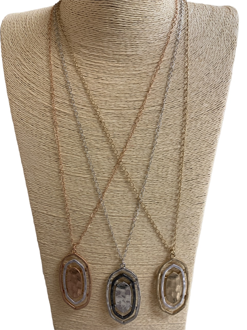 VNE0796  HAMMERED OVAL TWO TONE LONG NECKLACE