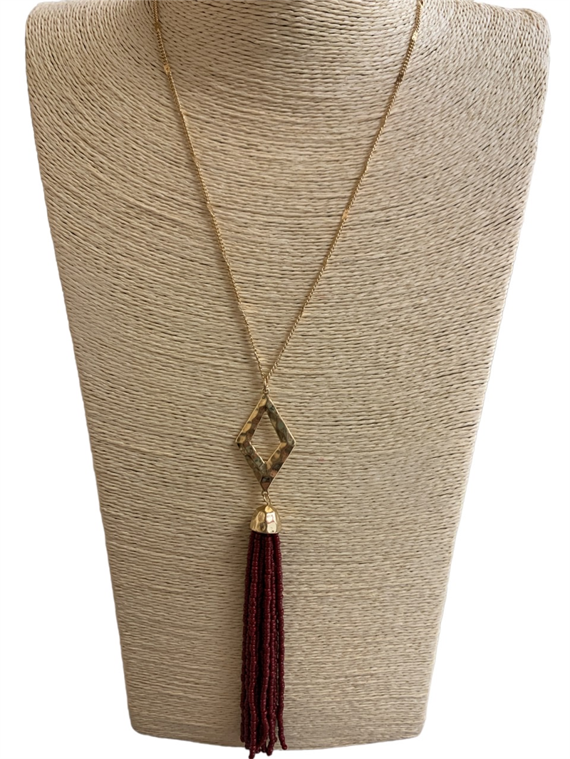 VNE0811 GEOMETRIC SEED BEAD TASSEL LONG NECKLACE