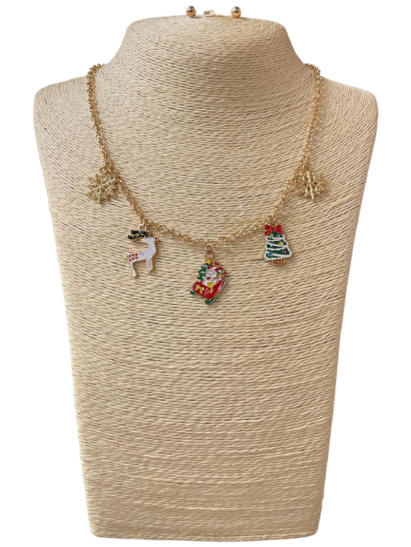 VNE2087 GOLD CHRISTMAS MULTI CHARM NECKLACE SET