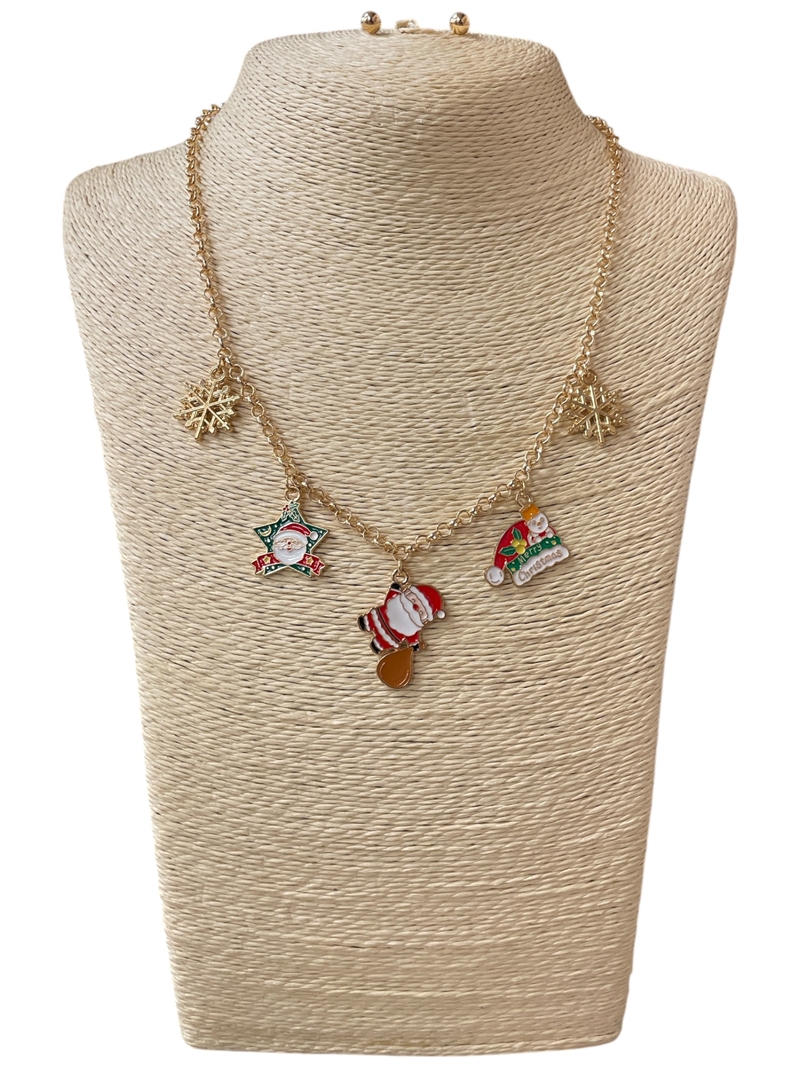 VNE2090 GOLD CHRISTMAS SANTA MULTI CHARM NECKLACE SET
