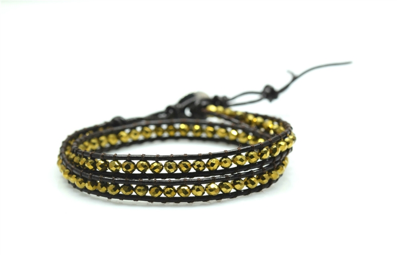 WAB-04  Beads/Stone 2 wrap around  Leather Bracelet