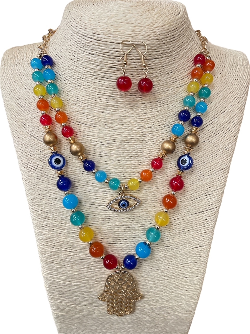 WNE7957 MULTI COLOR EVIL EYE BEADED SET NECKLACE