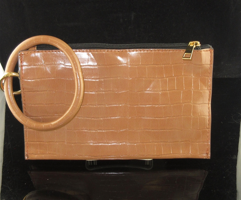 WTS33 BROWN CROCODILE SKIN WRISTLET BAG