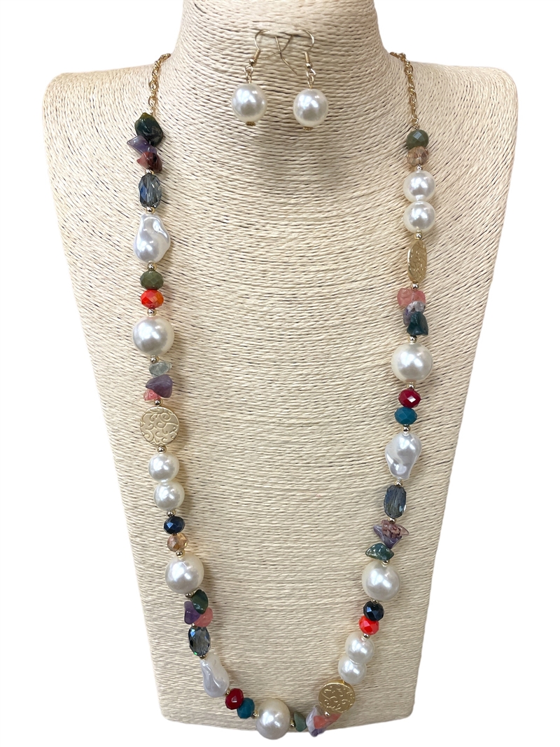 Y792  PEARL & MULTI COLOR  NATURAL STONE BEADED NECKLACE SET