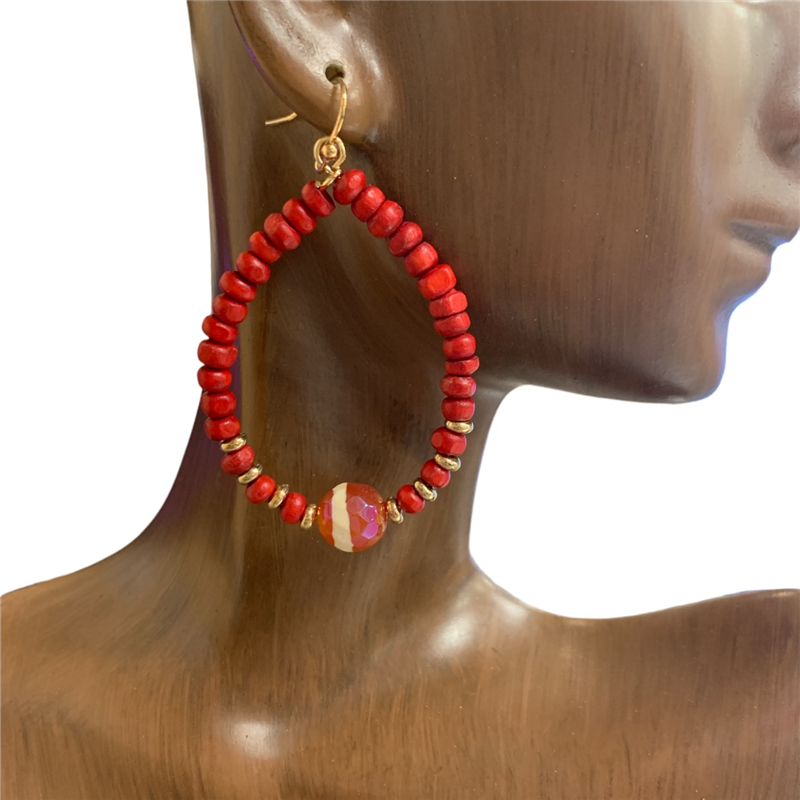 YE2123 TEARDROP BEADED WOODEN EARRINGS