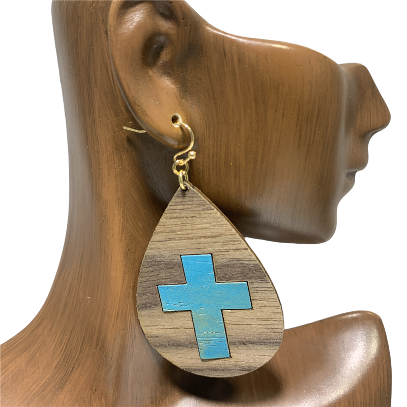 TE2237 CROSS WOODEN TEARDROP EARRING