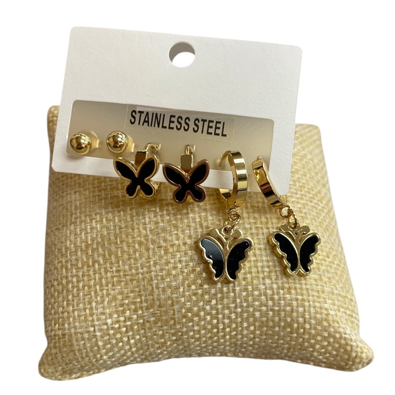 YE2276 BUTTERFLY BLACK & GOLD 3PCS SET EARRINGS