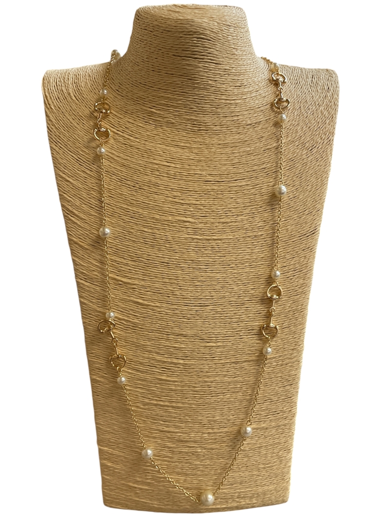 YMN8286 GOLD U LINK PEARL BEADED THIN LONG NECKLACE