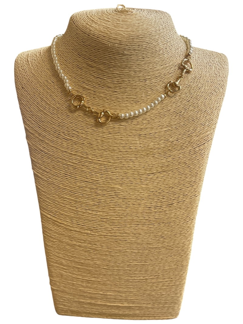 YMN8289 PEARL & GOLD U LINK BEADED SHORT NECKLACE