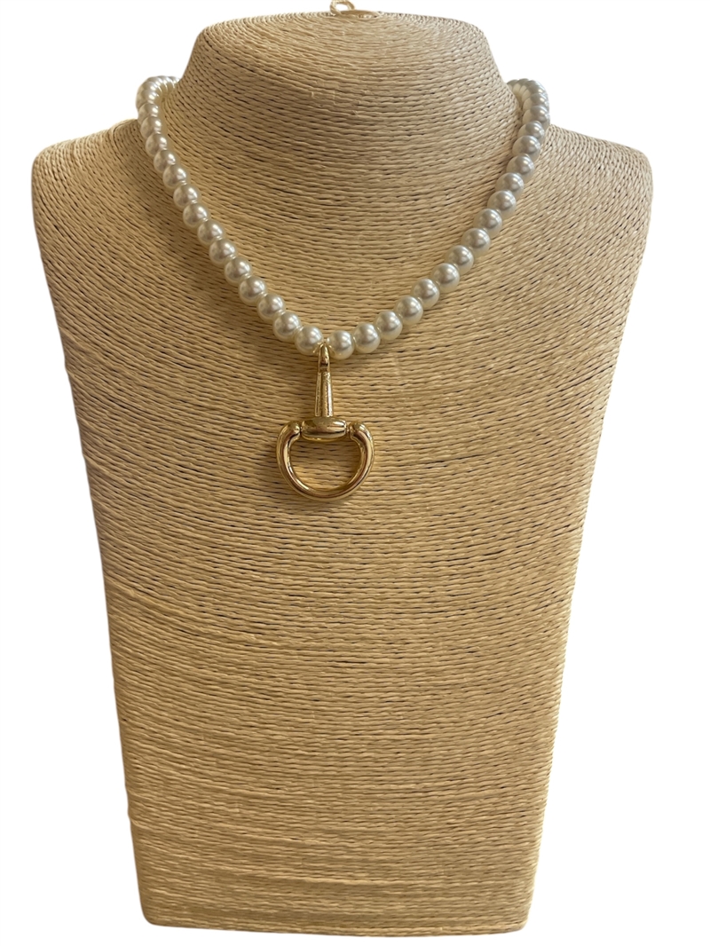 YMN8290 PEARL BEADED GOLD U LINK PENDANT DROP SHORT NECKLACE