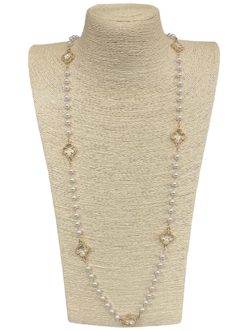 YN2048 CLOVER & PEARL LONG NECKLACE