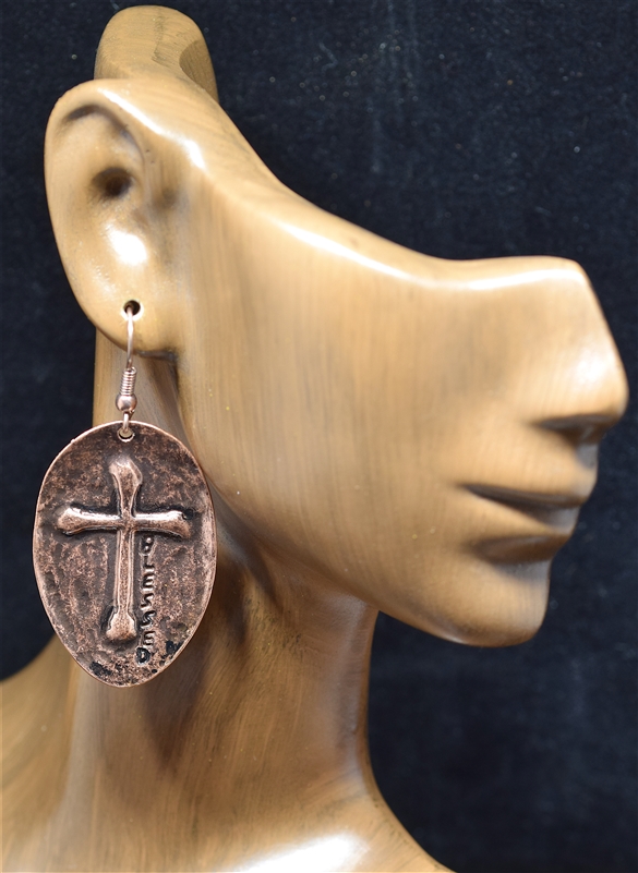 ZQE1995 HAMMERED BLESSED CROSS EARRINGS