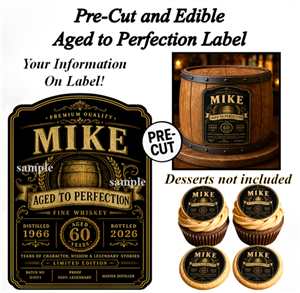 Personalized vintage whiskey label edible cake topper featuring custom name and age in black and gold design, ideal for birthday cakes, cupcakes, cookies, retirement parties, and milestone celebrations.