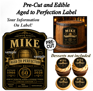 Personalized vintage whiskey label edible cake topper featuring custom name and age in black and gold design, ideal for birthday cakes, cupcakes, cookies, retirement parties, and milestone celebrations.
