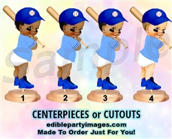 Baseball Player Baby Boy Centerpiece with Stand OR Cutouts, Blue and White Bat and Cap