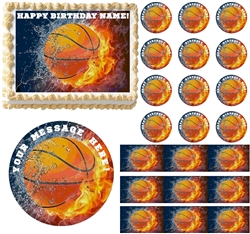 BASKETBALL on FIRE Water Sports Edible Cake Topper Image Frosting Sheet Cake Decoration Many Sizes