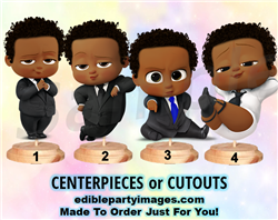 Boss Baby Boy Centerpiece with Stand OR Cut Outs, Black Suit Curly Hair