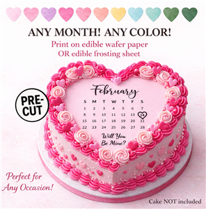 Pre-cut heart-shaped calendar edible cake topper featuring a customizable month, special date, and personalized message printed on edible frosting sheet or wafer paper
