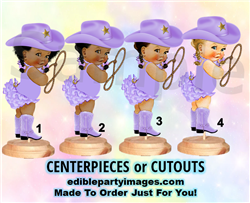 Western Cowgirl Baby Centerpiece with Stand OR Cutouts, Purple Cowgirl Boots Hat