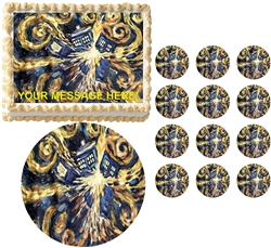 Doctor Who Van Gogh Tardis Exploding Edible Cake Topper Frosting Sheet - All Sizes!