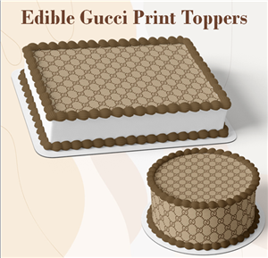 Edible Gucci print cake topper displayed on sheet cake and round cake, designer inspired edible frosting sheet decoration.