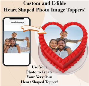 Personalized heart-shaped edible photo cake topper created from a customer's uploaded picture and printed on an edible frosting sheet.