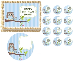 Look WHOO'S Blue Boy Owl First Birthday Baby Shower Edible Cake Topper Frosting Sheet - All Sizes!