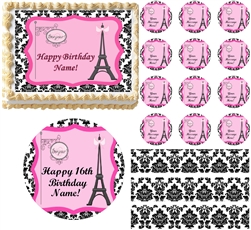 Black and White PARIS Damask Eiffel Tower Bonjour Edible Cake Topper Image Frosting Sheet