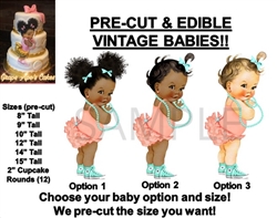 PRE-CUT Peach Mint Aqua Ruffle Pants Baby EDIBLE Cake Topper Image Afro Puffs