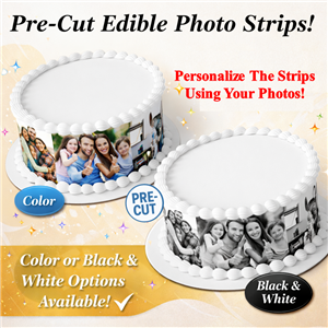 Custom pre-cut edible photo strips displayed on round cakes with personalized color and black-and-white photo options.