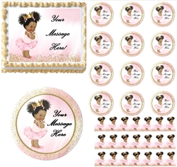 Pink Gold Dark Skin Ballerina Princess EDIBLE Cake Topper Image Baby Shower Afro